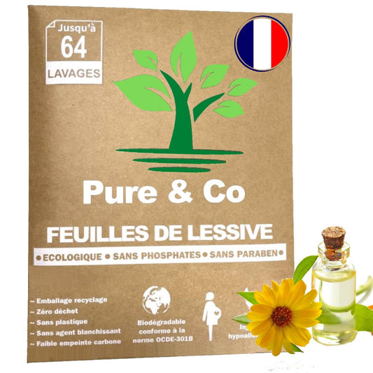 PURE & CO Lessive Feuilles Verte Ecologique, Bio, Bebe, Voyage, Machine à Laver, Main, Magique, Poudre, Hypoallergénique, Lingette, Concentrée, Parfum naturel Huiles Essentielles