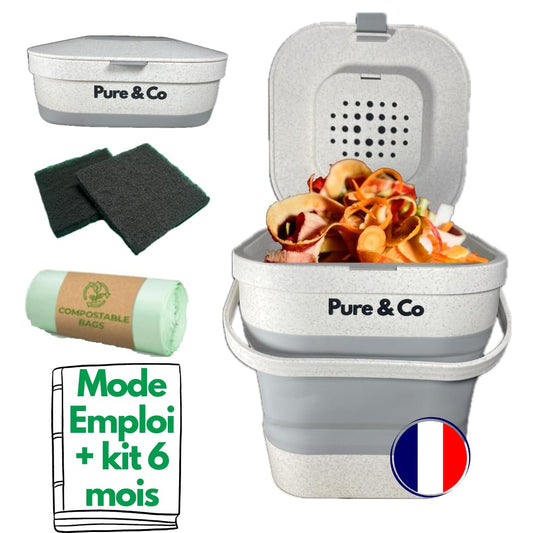 Pure&Co -Composteur Cuisine Pliable 4L -Poubelle Compost Table Déchet Alimentaire -Anti Odeur Couvercle+Filtre-Bioseau -Appartement Petit Plan Travail -Jardin -Recyclage -Kit Démarrage Offert